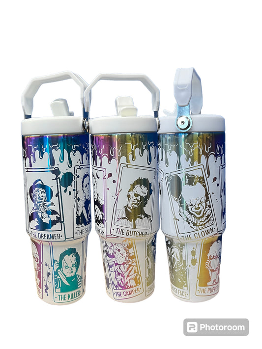 30oz Horror Tarot Card movie killers engraved tumbler