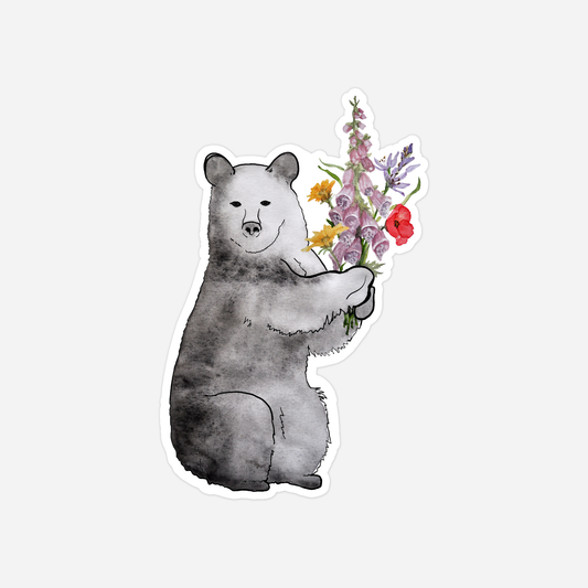 Bear Holding Flowers, Watercolor Sticker