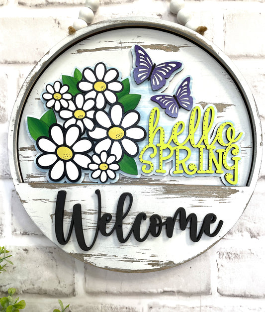 Hello Spring Flowers Butterfly Seasonal Insert for Interchangeable rounds or Crate - Ready to Paint