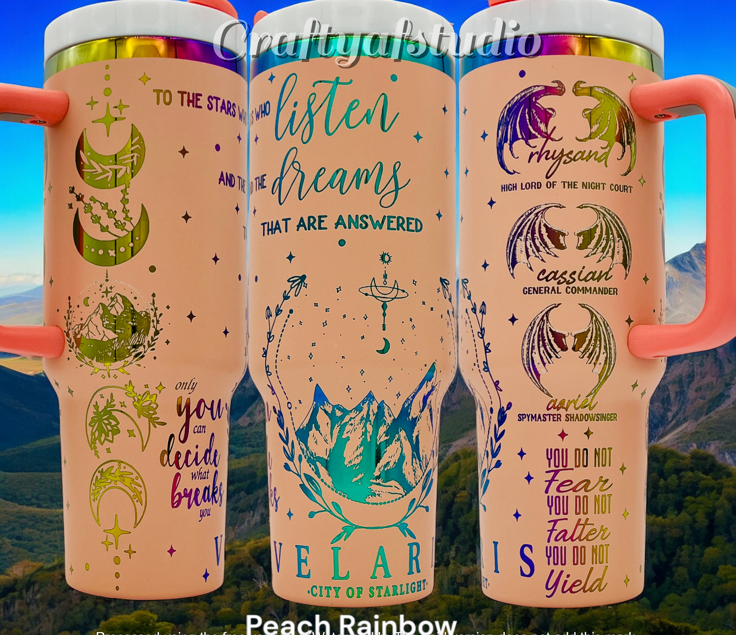 40oz Acotar Velaris City of Starlight engraved tumbler peach powder coating with rainbow engraving.