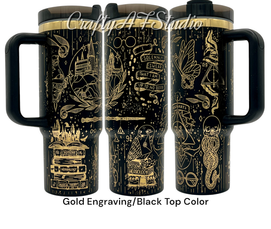 40oz HP wizarding world themed laser engraved tumbler. Muggles, dragons, hogwarts, ravenclaw, hufflepuff, Slytherin, Gryffindor, death eaters, snitch