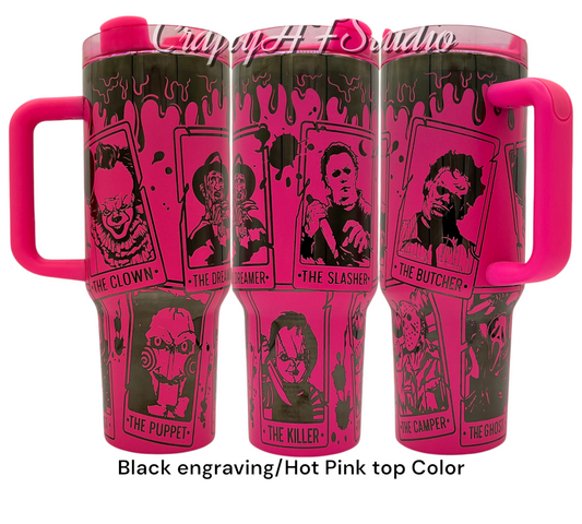 40oz Horror Killers  un-alivers - slashers - tarot card themed laser engraved tumbler. Mike Meyers, Leather face, Jason, Pennywise, Chucky, jigsaw, ghostface