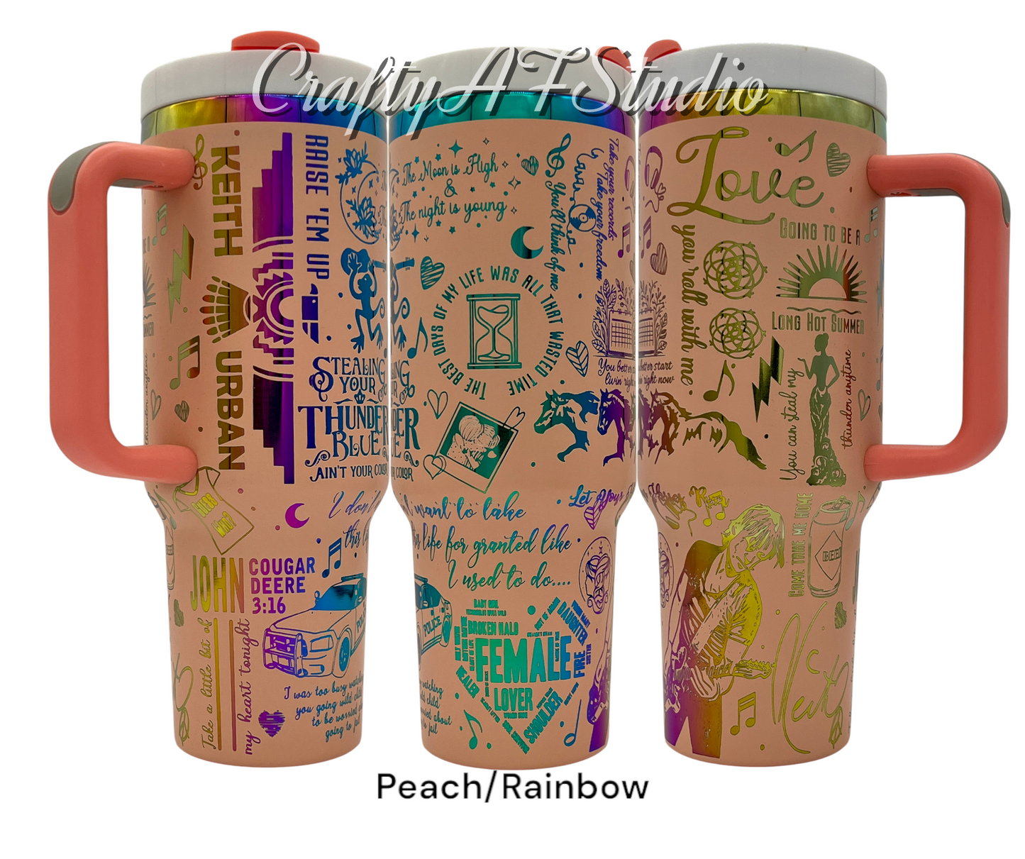 Keith Urban Themed laser engraved tumbler. Peach powder coating with rainbow engraving. KU