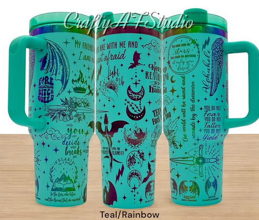 40oz MaasVerse SJMVerse Acotar TOG Crescent City Romantasy laser engraved tumbler. Teal Powder coating with Rainbow engraving. Trio with background.