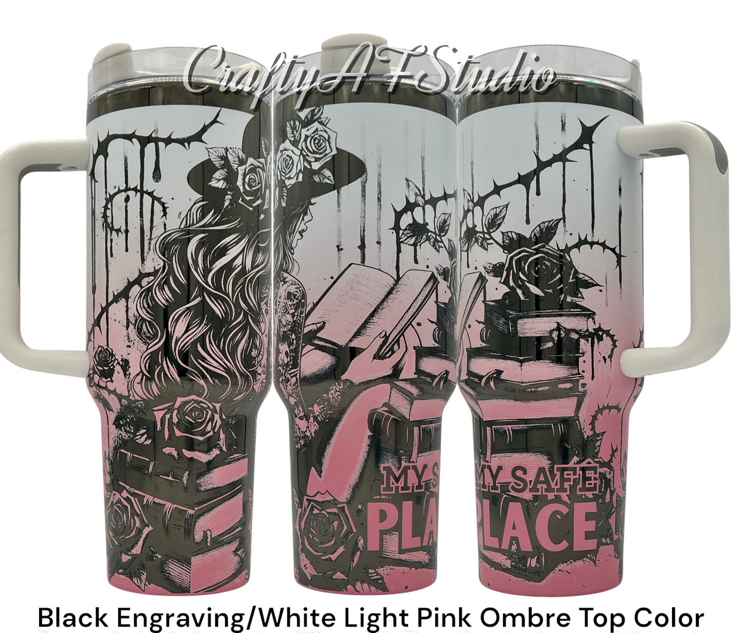 40oz My Safe Place book lovers reader laser engraved tumbler roses tattoos romantasy fantasy
