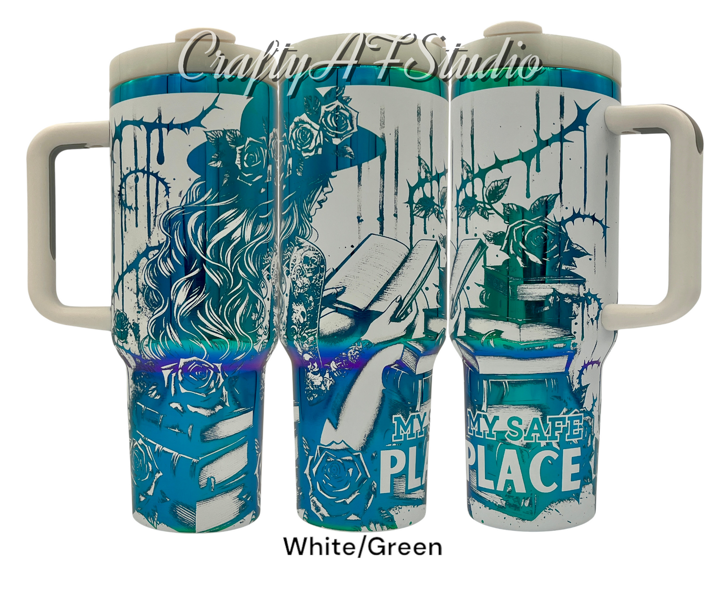 40oz My Safe Place laser engraved tumbler. Roses, books, tattoos, fantasy, romance, romantasy, reading. White Powder coated tumbler with green engraving.