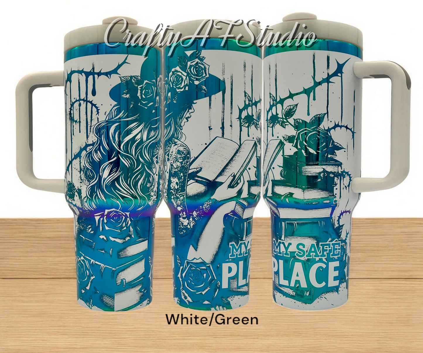 40oz My Safe Place laser engraved tumbler. Roses, books, tattoos, fantasy, romance, romantasy, reading. White Powder coated tumbler with green engraving.