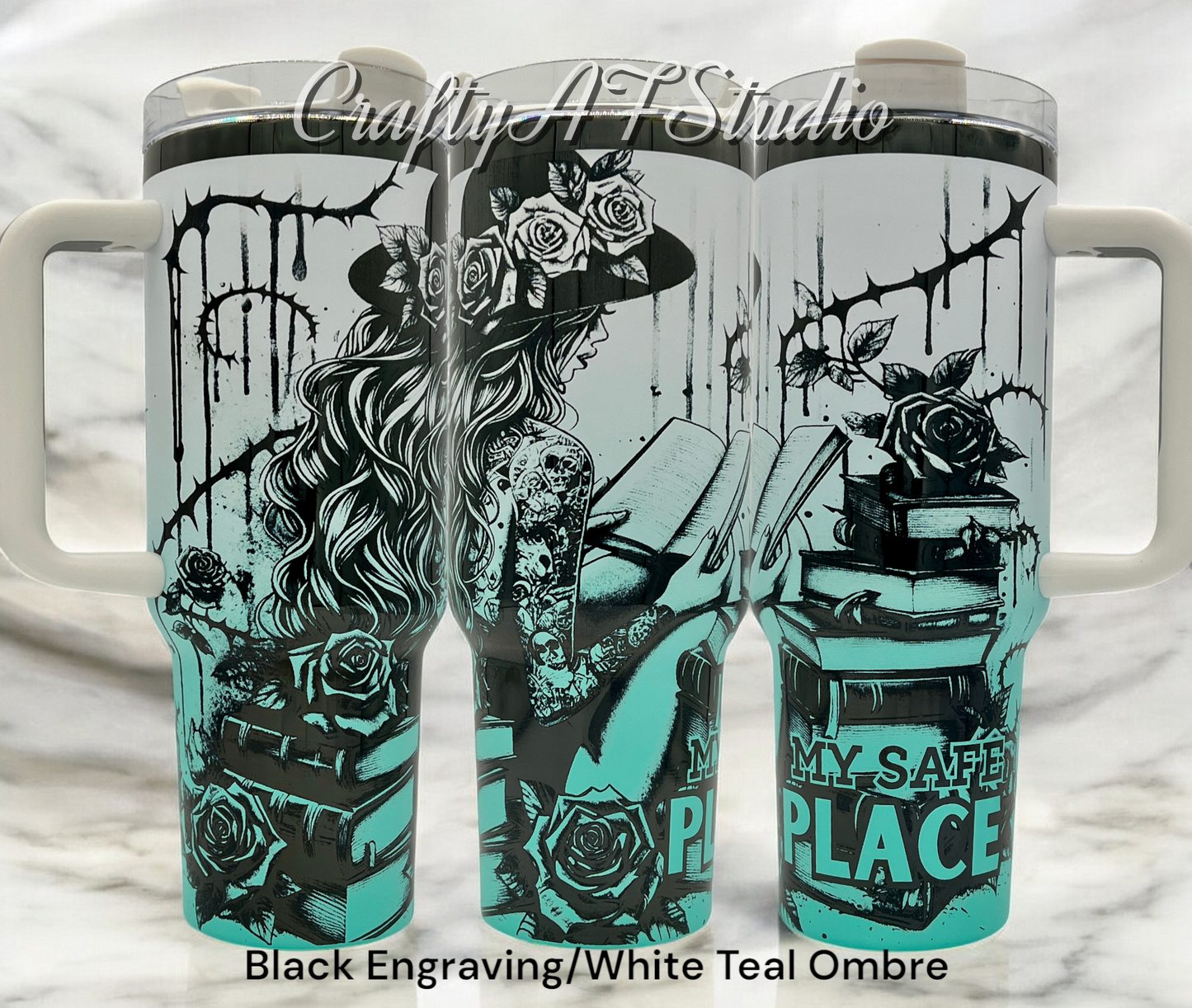40oz My Safe Place laser engraved tumbler. Roses, books, tattoos, fantasy, romance, romantasy, reading. White teal ombre Powder coated tumbler with black engraving.