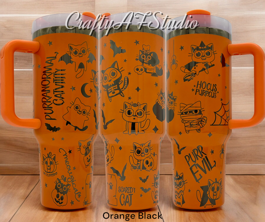 40oz Funny Cat Halloween Meowoween themed laser engraved tumbler. Purr evil - Meowgical - hocus purrcus