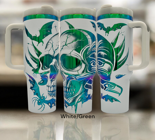 Seahawks custom designed 40oz laser engraved tumbler. Featuring skull, bats, spiders, and logos. White Powder coat with green engraving.