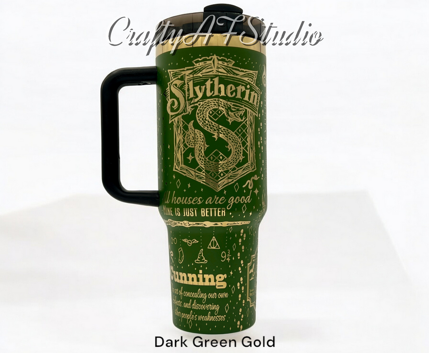 40oz HP School of magic Slytherin house themed laser engraved tumbler. Dark green powder coating with gold engraving.