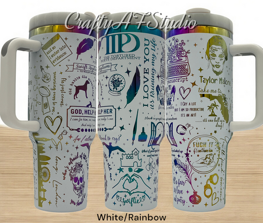 40oz Taylor Swift TTPD Album themed laser engraved tumbler. Hidden Easter eggs in engraving.