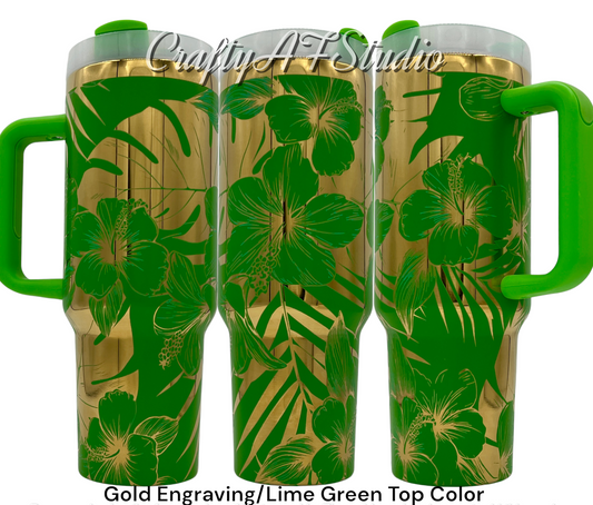 40oz Tropical Flower Paradise - Monstera and Habiscus themed laser engraved Tumbler