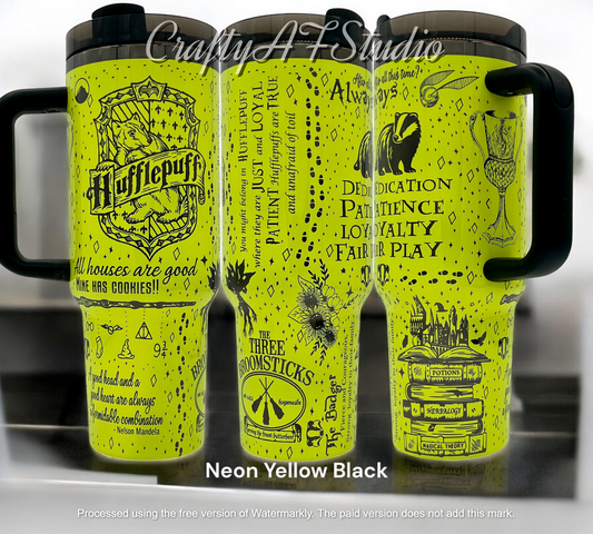 40oz Hufflepuff House themed laser engraved tumbler. Customized to the house with all the cookies.
