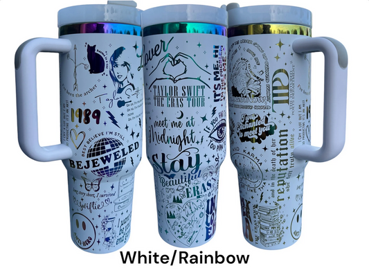 40oz Taylor eras tour tumbler white powder coat with rainbow engraving