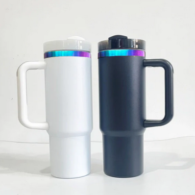 40oz White and Black Chroma Tumblers. Purple to pink satin engraving with white and black top color