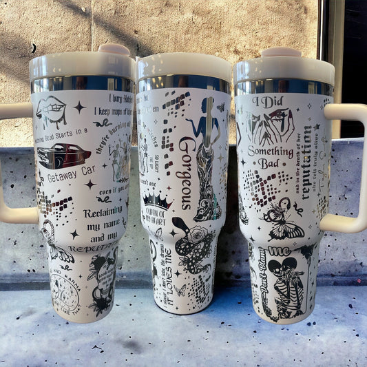 40oz Taylor Swift Reputation Album Themed Laser Engraved Tumbler - Black Engraving with white top color