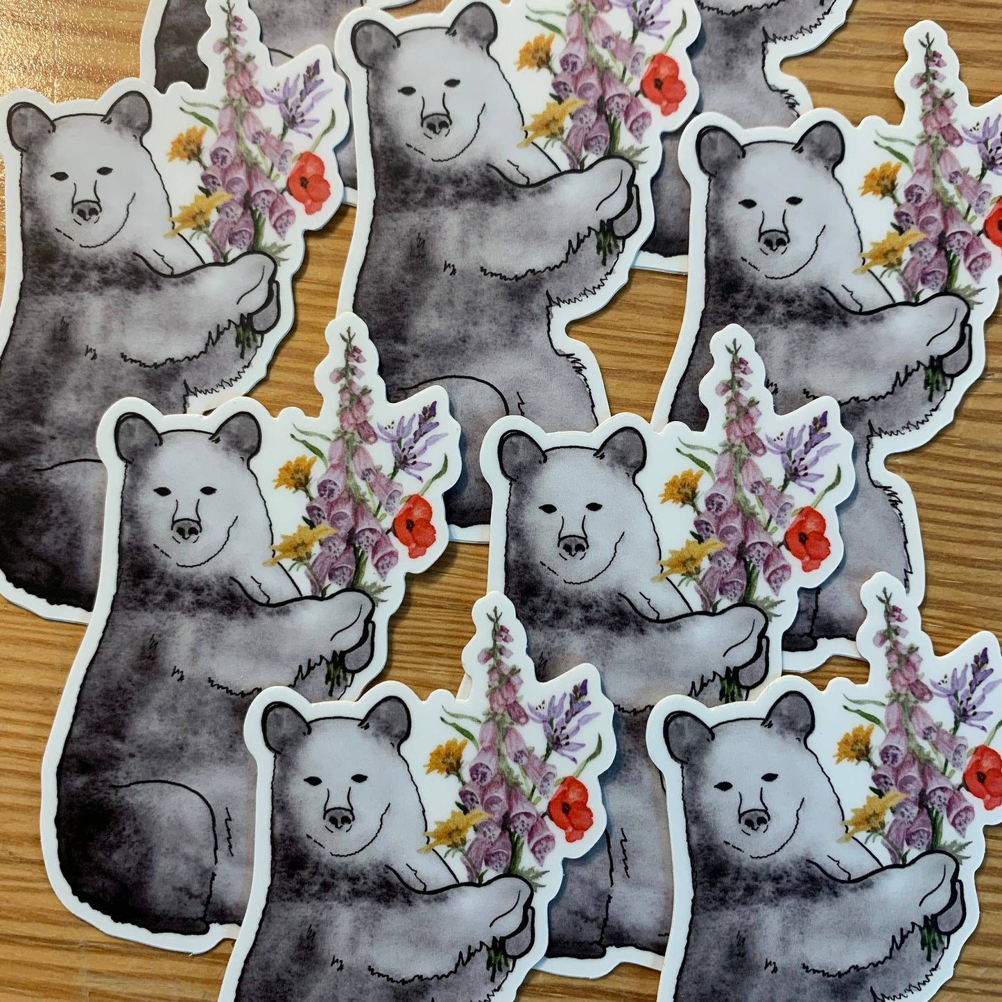 Bear Holding Flowers, Watercolor Sticker