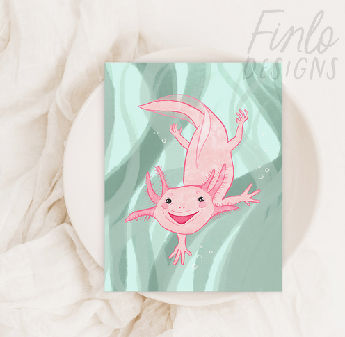 Bubbles the Adorable Axolotl blank A2 size greeting Card. Pastel water colors