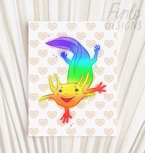 Bubbles the Axolotl in Rainbow Pride water colors. Blank A2 size greeting card perfect for any occasion.