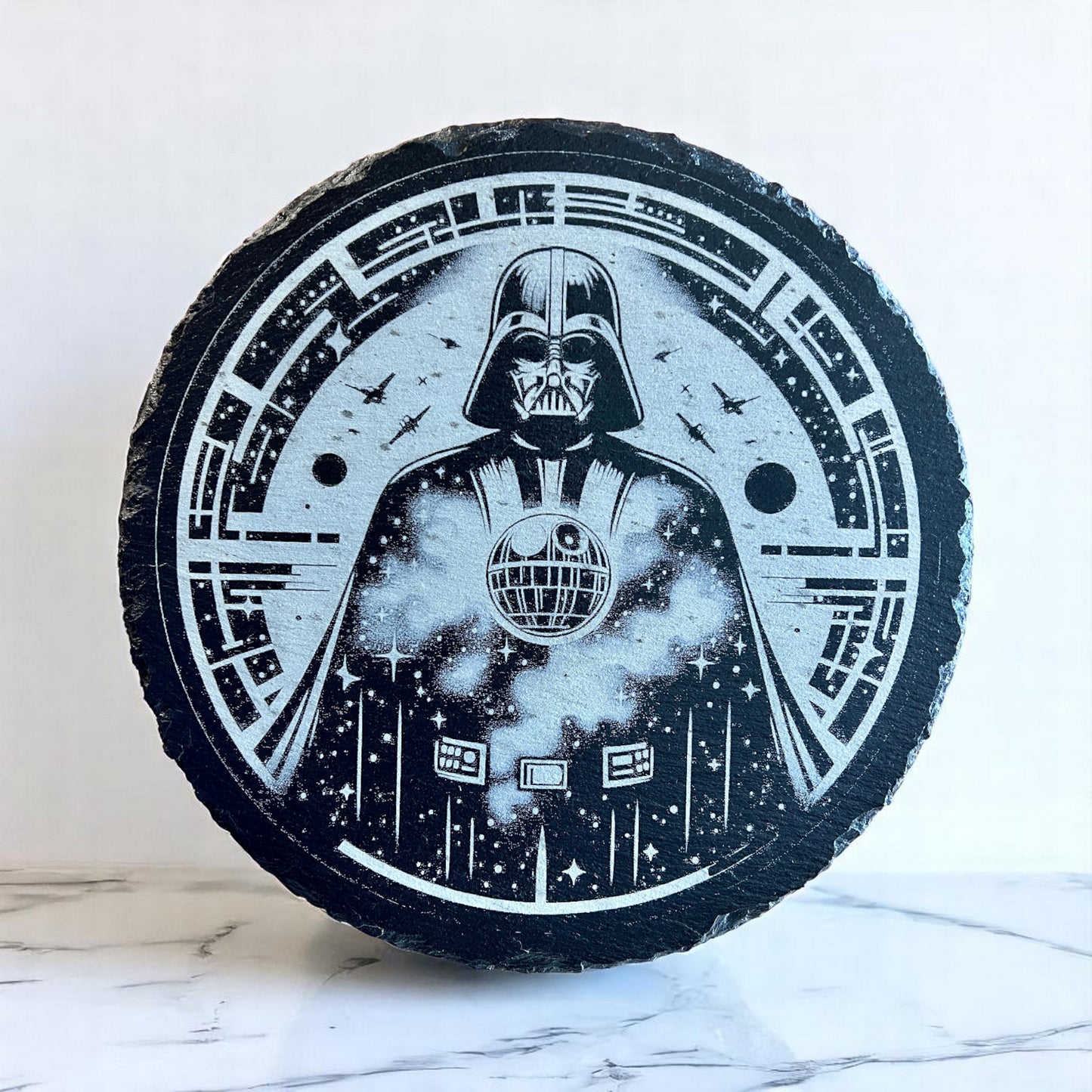 Darth Vader with Death Star Center Mast battle in background - Round engraved Slate decor