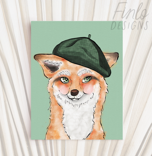 Dash the Cute little fox wearing a hat and smiling. pastel colors.