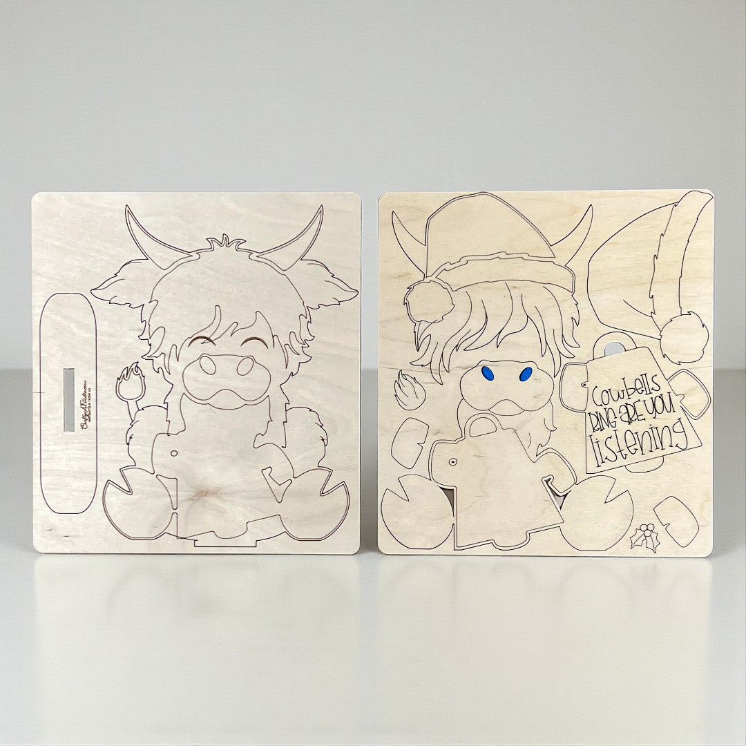 Wooden puzzle set with two outlined figures, one with horns and one with a Santa hat.