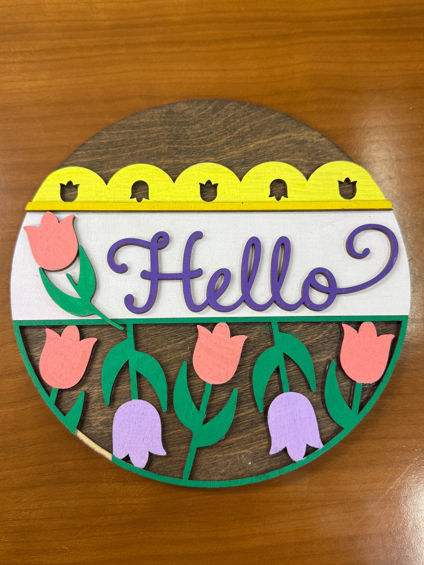 Hello Spring Tulips Round Sign