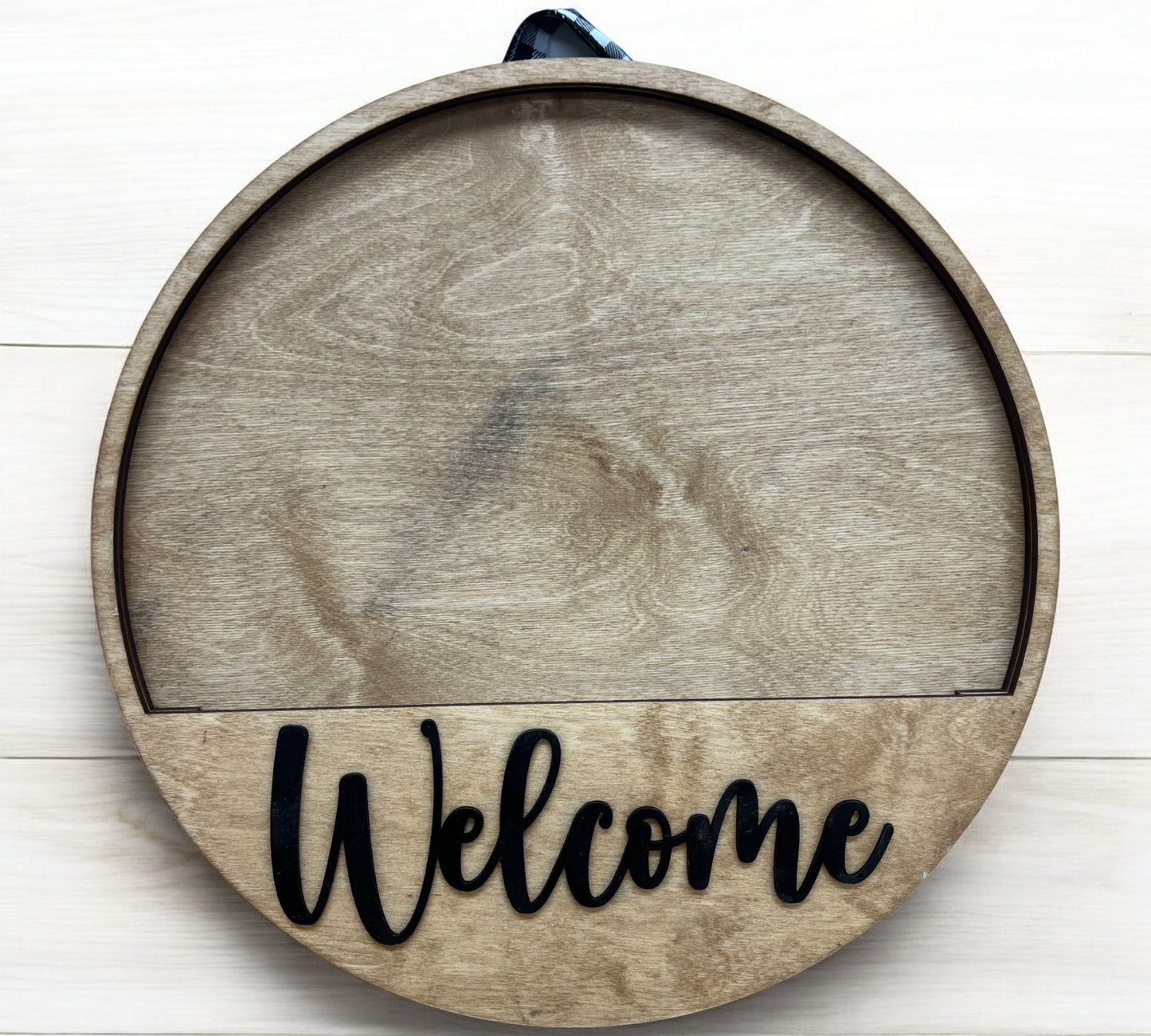 interchangeable baltic birch base for signs, light brown stain with black Welcome
