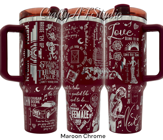 Keith Urban Themed laser engraved tumbler. Maroon powder coating with chrome engraving.