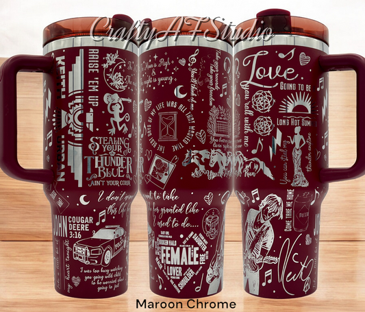 40oz Keith Urban Musician Themed laser engraved tumbler. Maroon powder coating with chrome engraving. KU