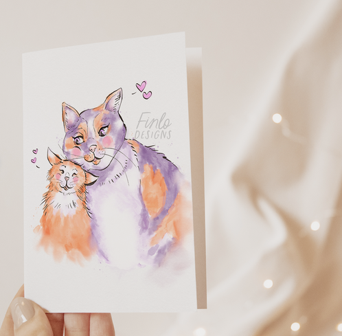 Kitty love blank greeting card A2. pastel water colors. 2 kitties smiling.