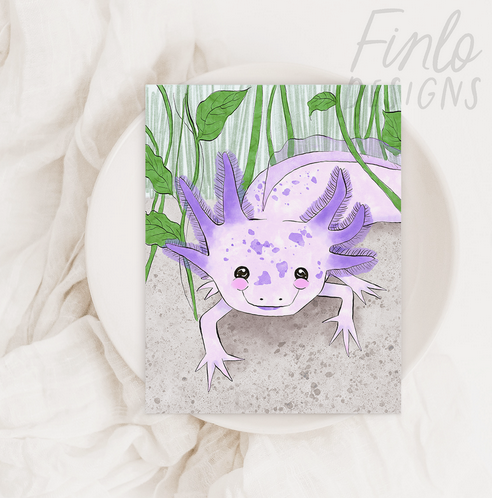 Mochi the Axolotl A2 Blank Greeting Card. Cute water color Axolotl and floral greeting card