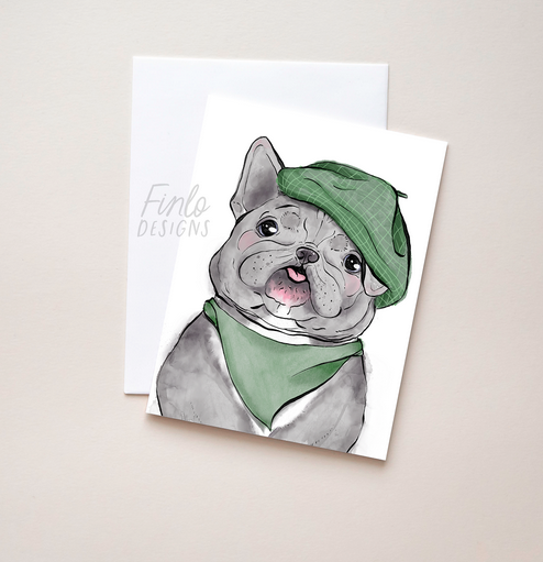 Napoleon the cute smiling grey fenchie wearing a hat and bandana A2 greeting card