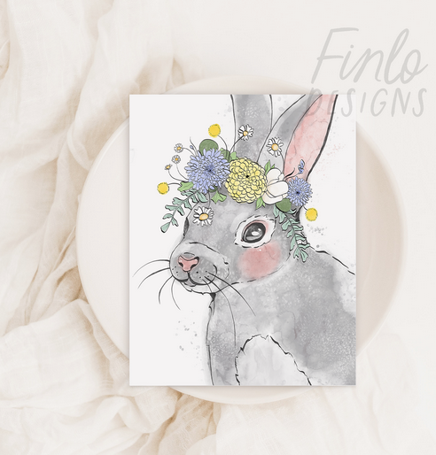 Parsley the Bunny A2 greeting card. Cute grey bunny with flowers greeting card.
