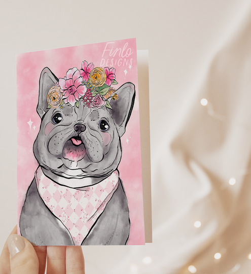 Princess the Cute grey smiling Frenchie with floral head band A2 Blank greeting card.
