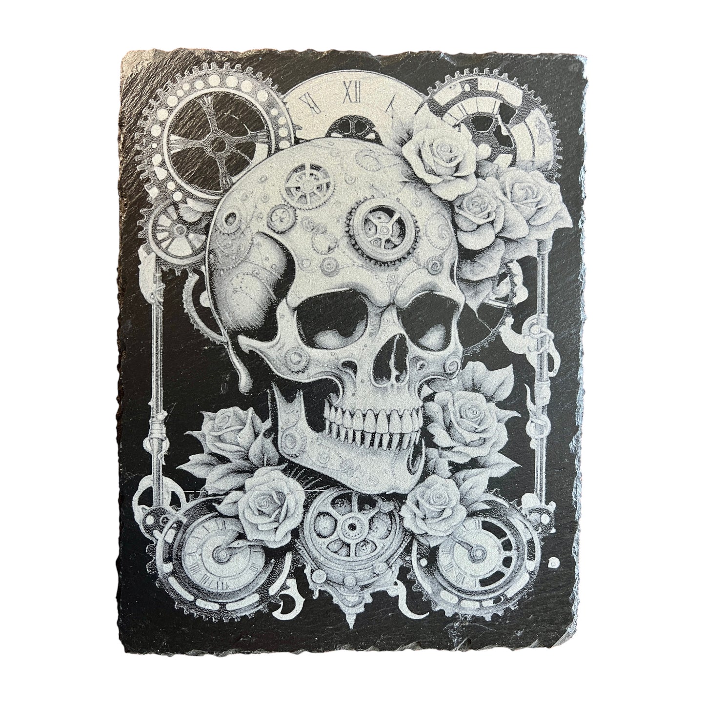 Steampunk Gothic Skull and Roses Laser Engraved Slate Decor