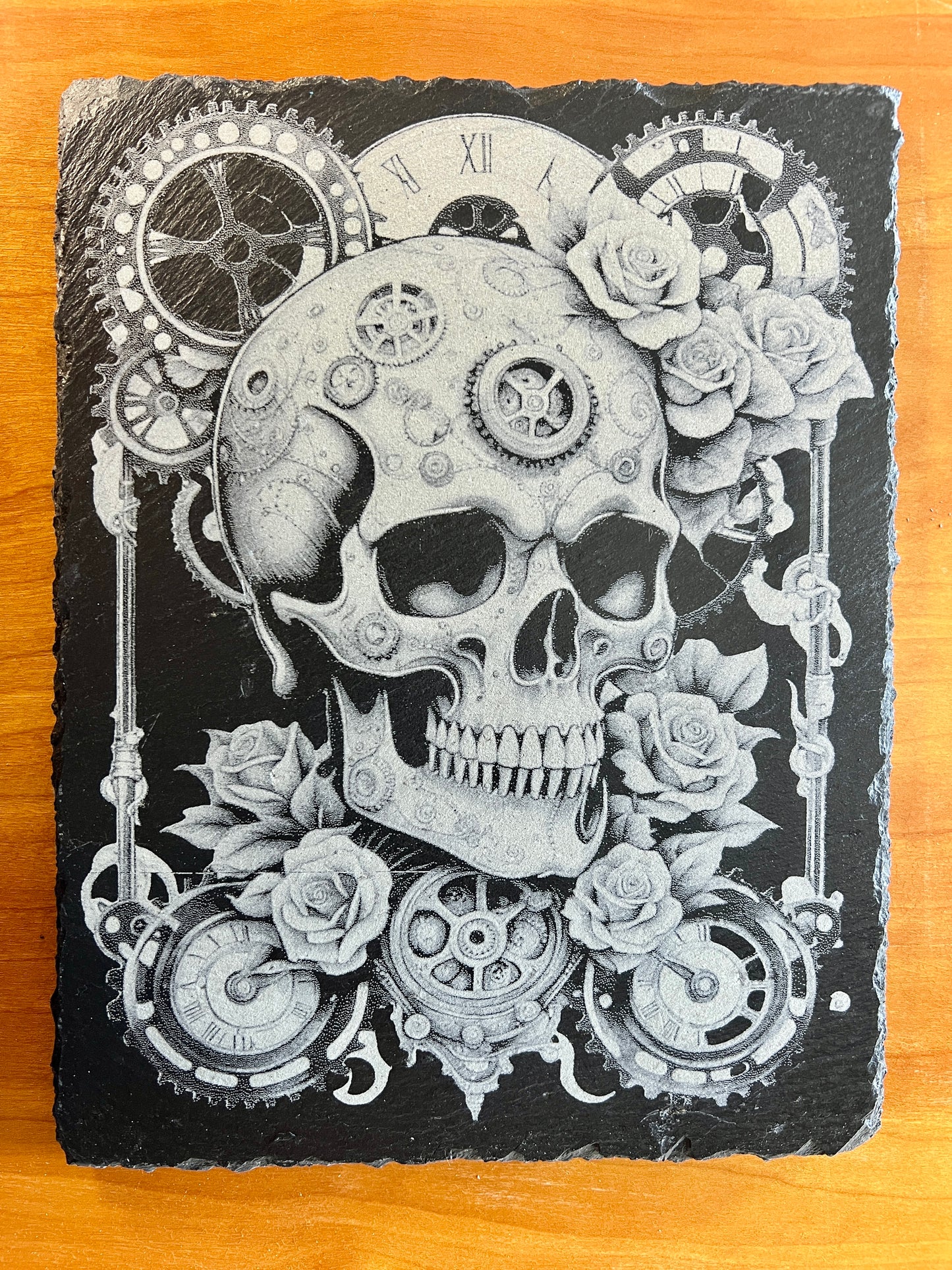 Steampunk Gothic Skull and Roses Laser Engraved Slate Decor