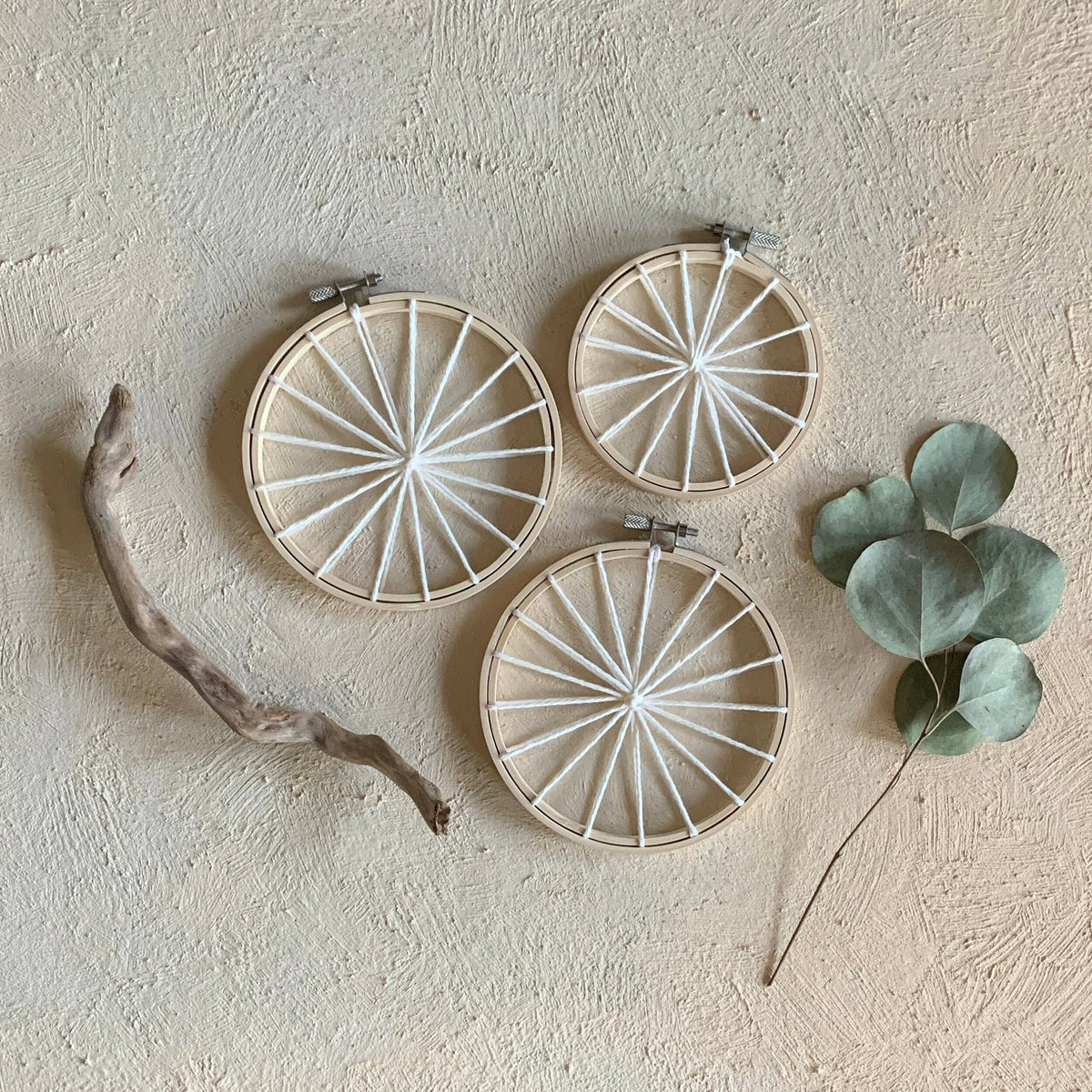 Set of Two 5” Warped Hoops, One 4” Warped Hoop for Weaving