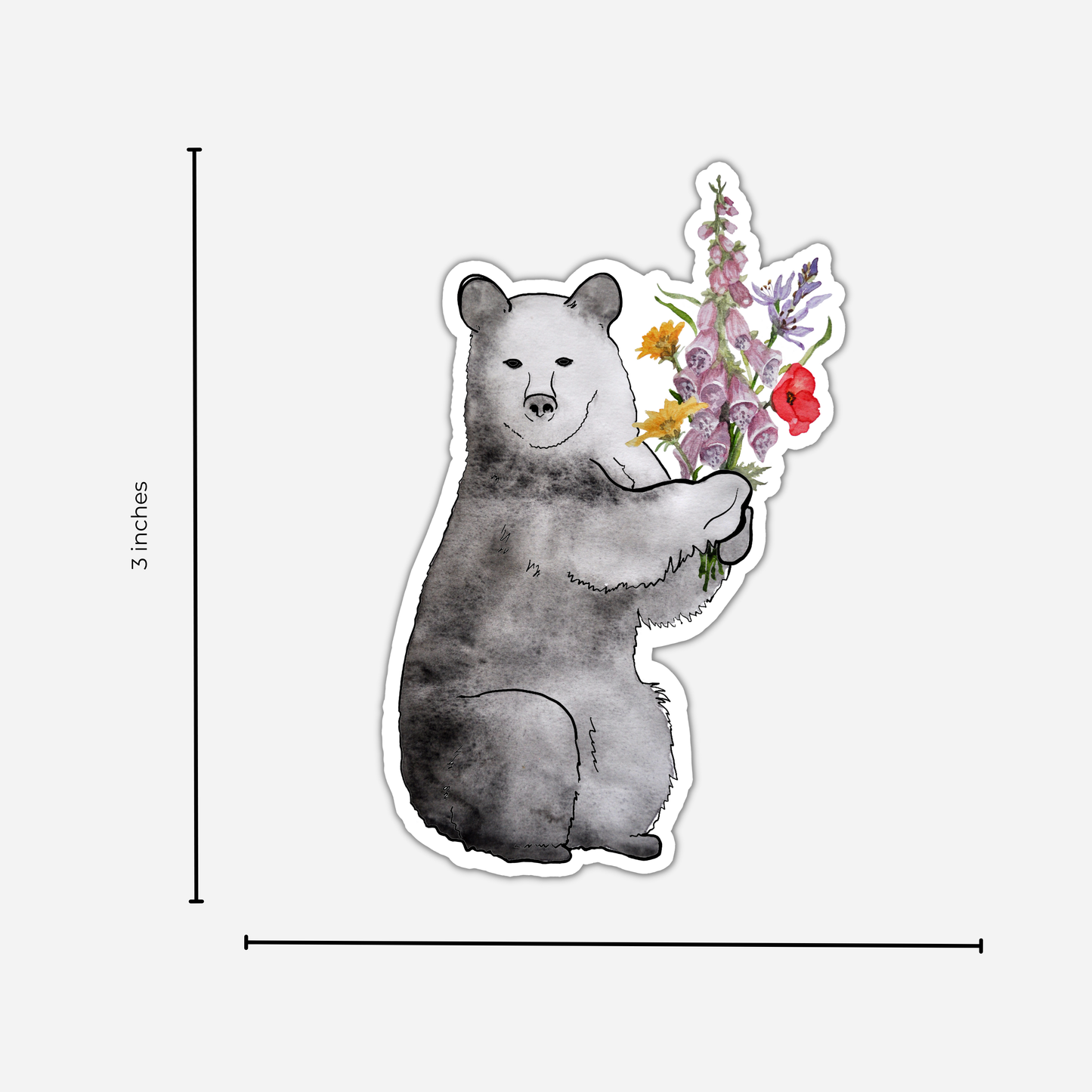 Bear Holding Flowers, Watercolor Sticker
