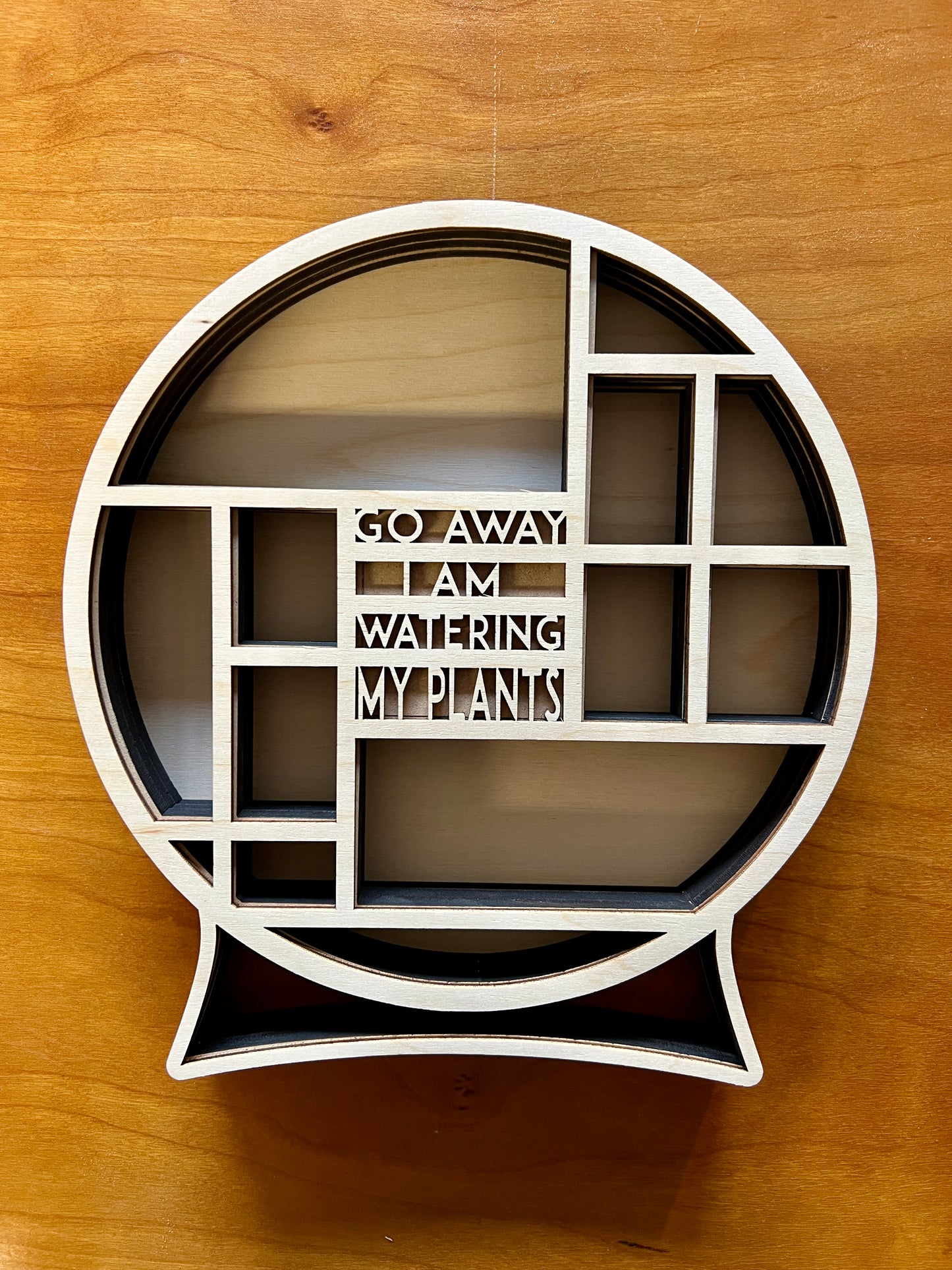 Decorative wall shelf with text 'GO AWAY I AM WATERING MY PLANTS' on a wooden background