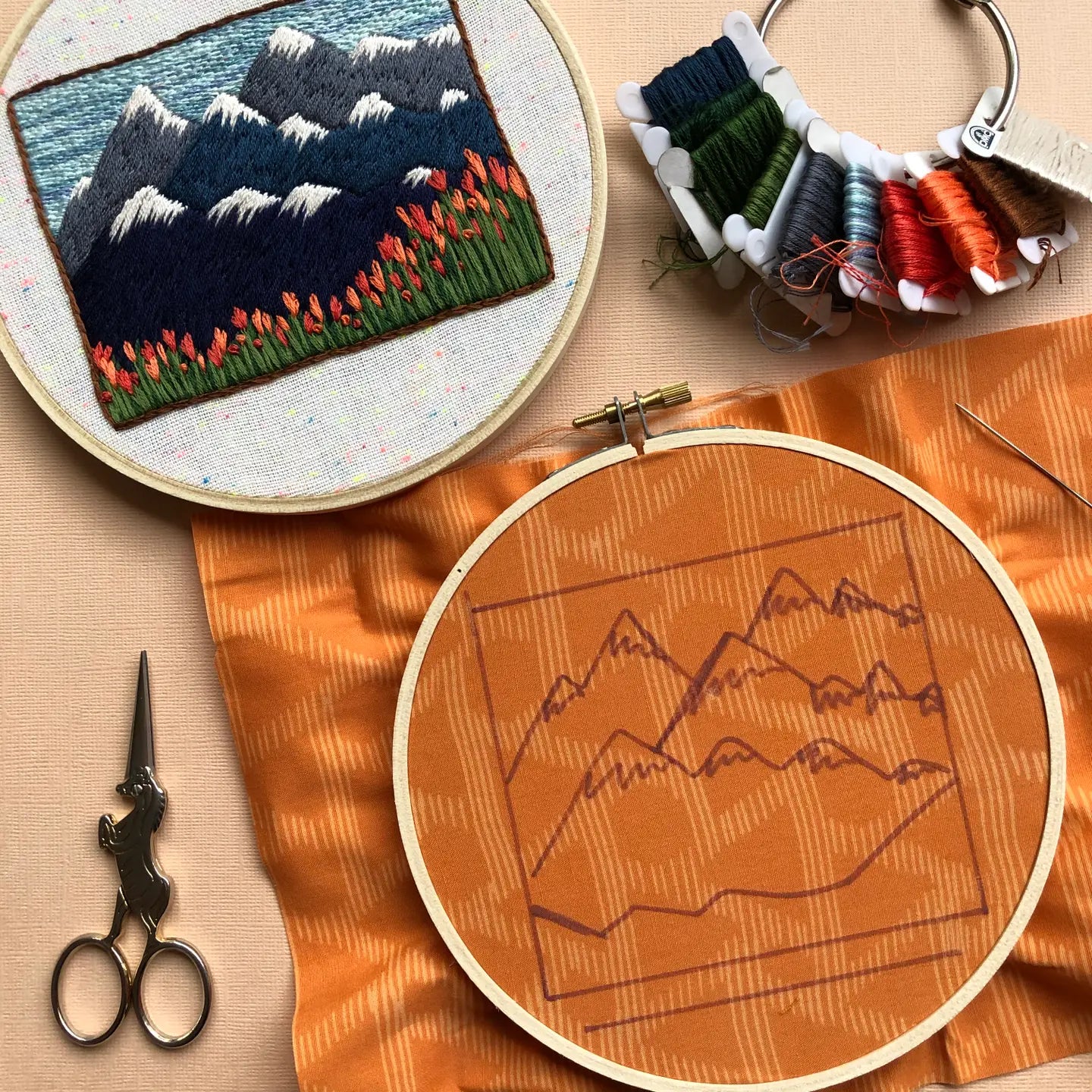 Mountain and Tulips Landscape - Intermediate Embroidery Kit