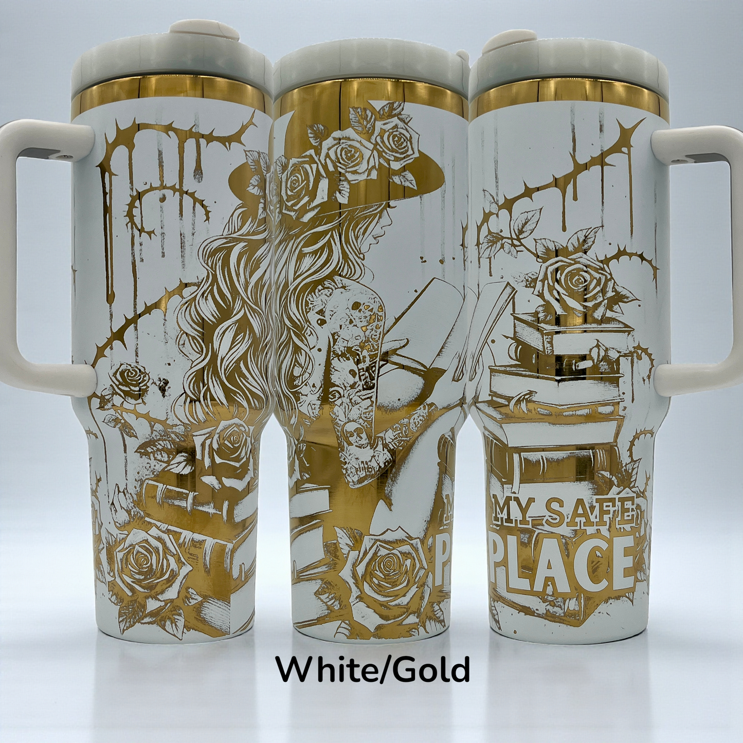 40oz My Safe Place book lovers reader laser engraved tumbler roses tattoos romantasy fantasy