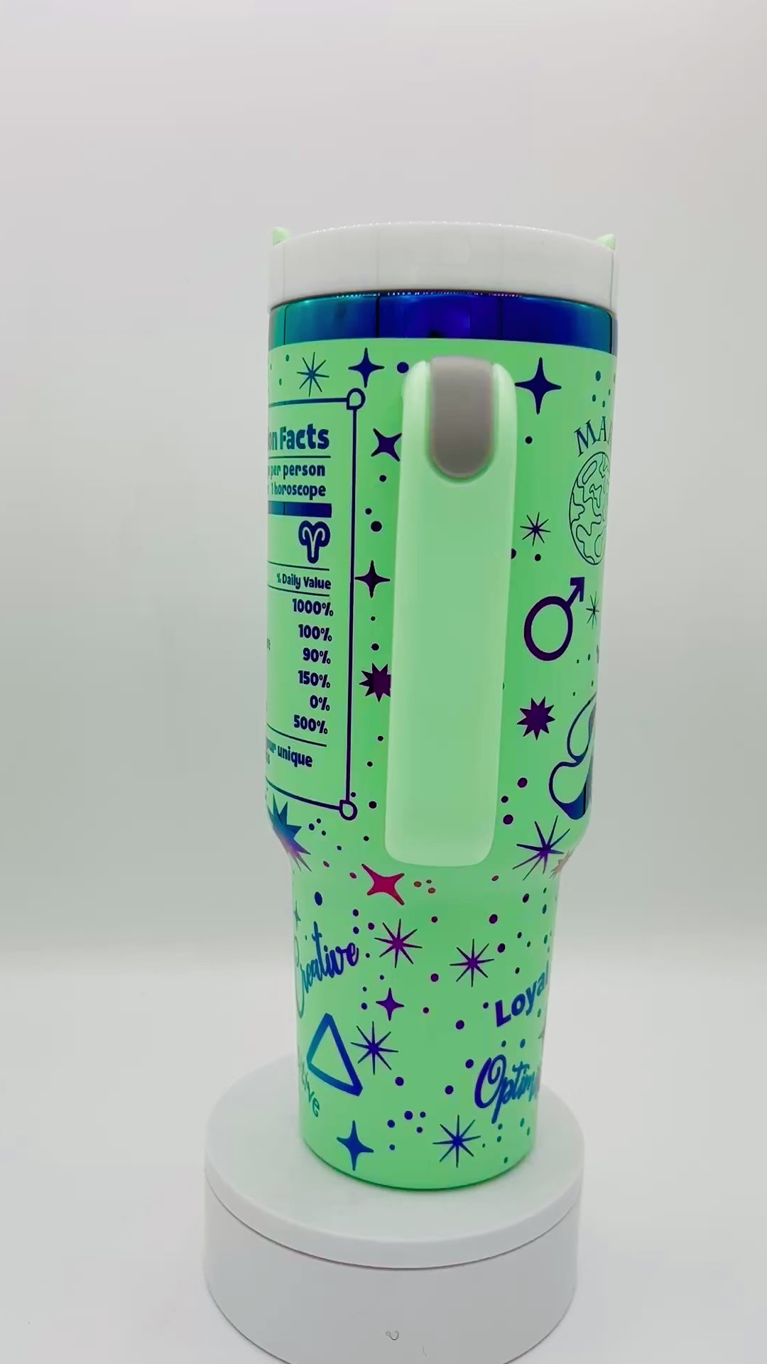 40oz Aries Zodiac Astrological series laser engraved tumbler. Mint Powder coating with rainbow engraving. The Ram, Cartoon Zodiac, Snarky Zodiac, zodiac nutrition