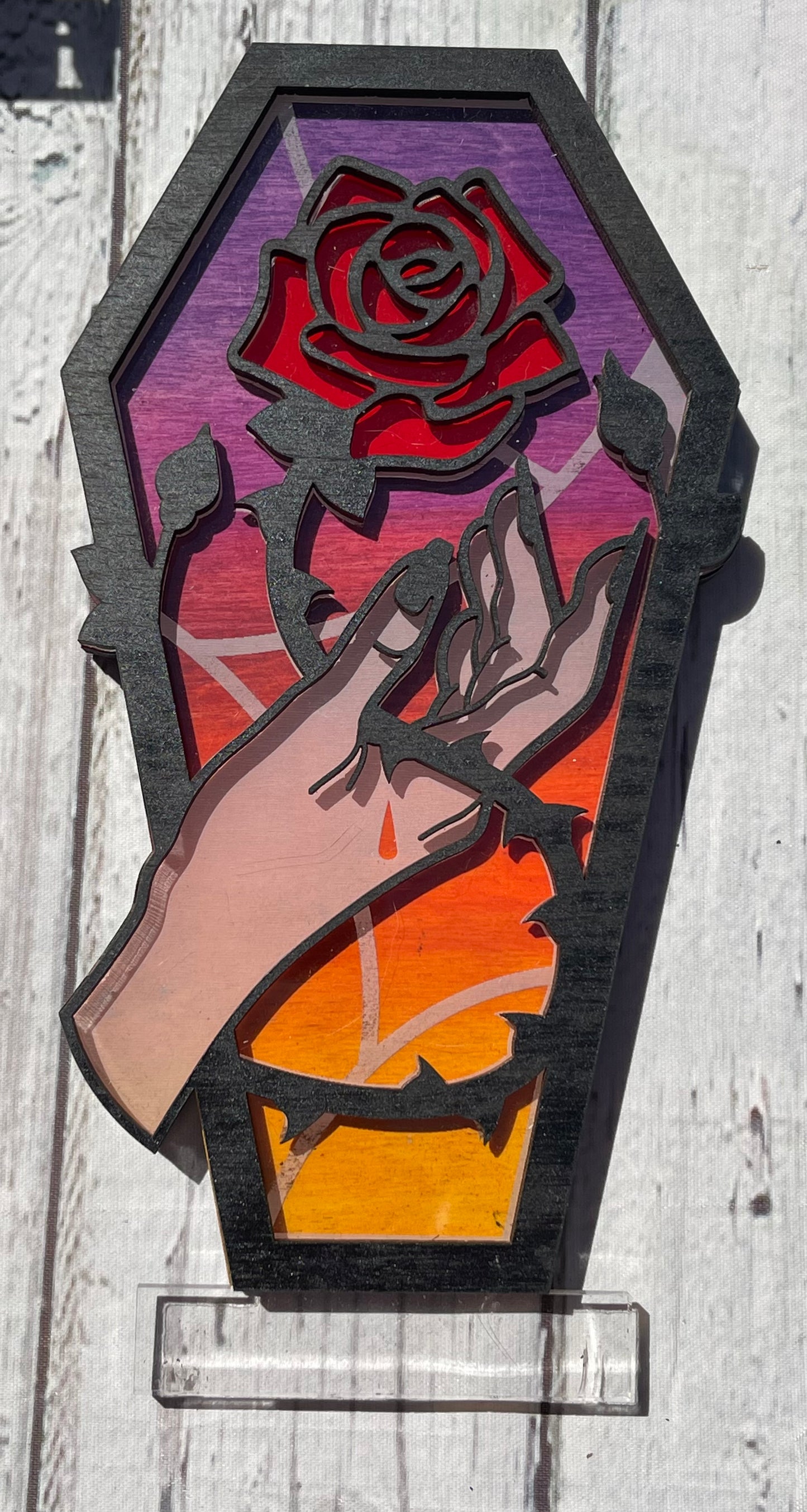 Lighted Rose Coffin Hand