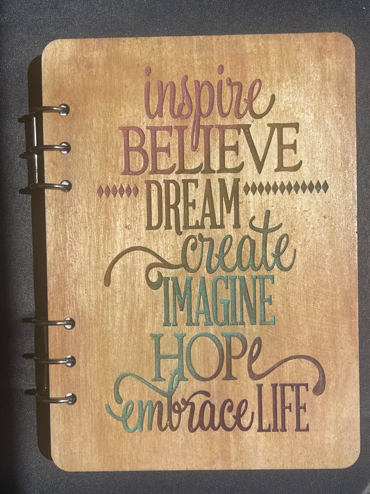 “Inspire” wood cover notebook