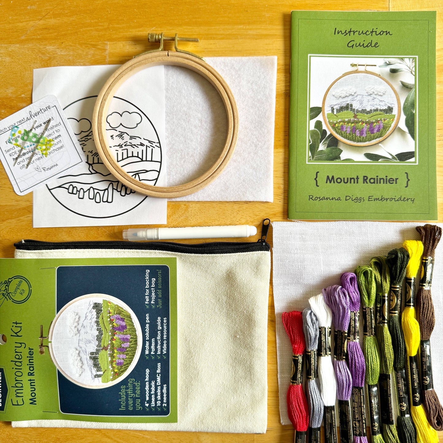 Embroidery kit with hoop, fabric, thread, and instructions on a wooden surface