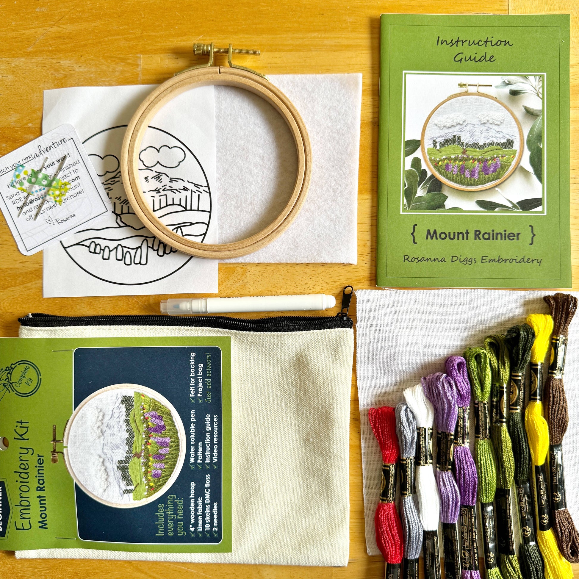 Embroidery kit with hoop, fabric, thread, and instructions on a wooden surface