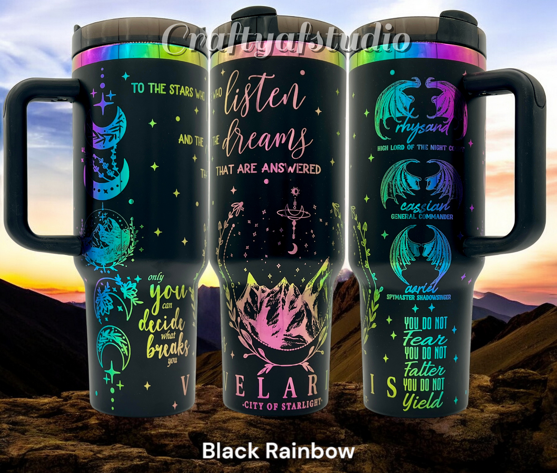 30oz Acotar Velaris City of Starlight engraved tumbler. Black powder coating with rainbow engraving. 