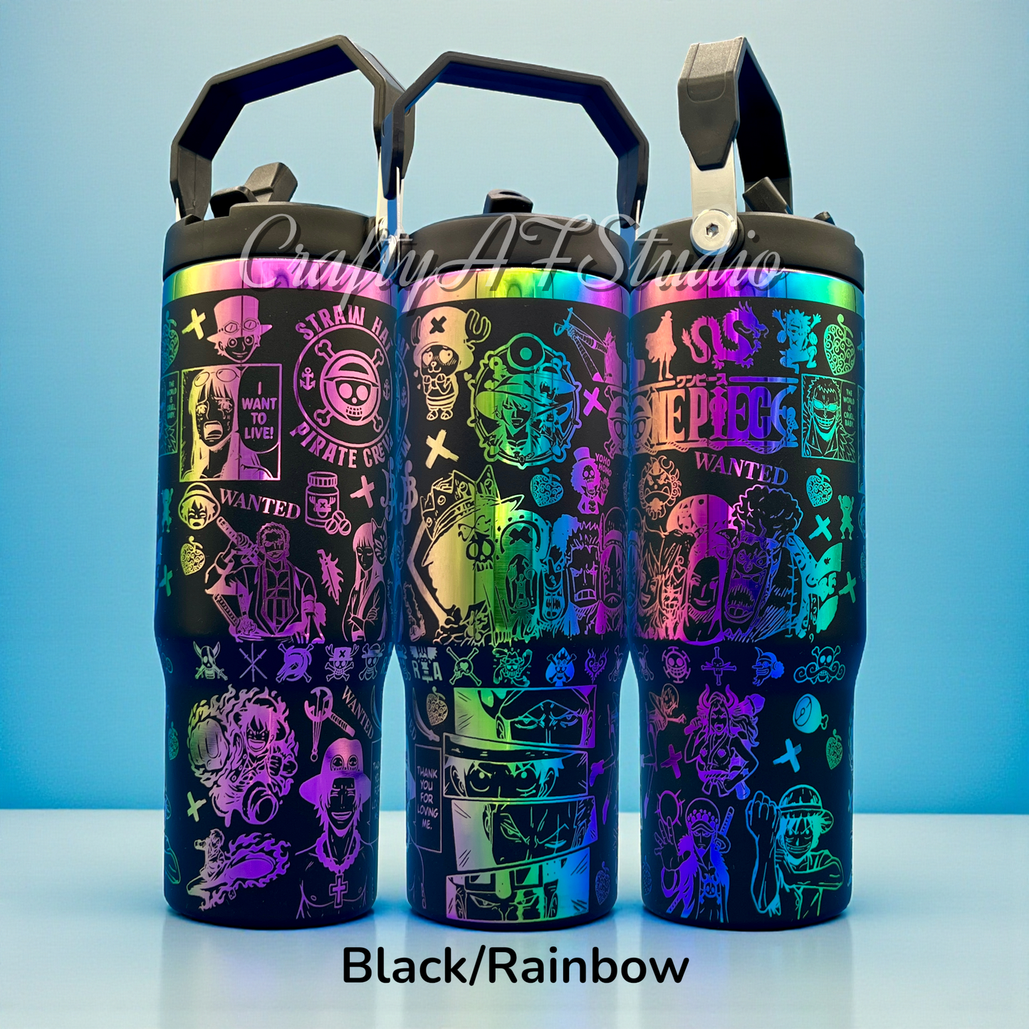 30oz Black Rainbow Flip straw lid spill proof One Piece Anime Design laser engraved
